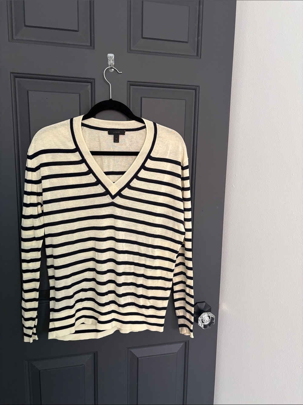 J. Crew Cream and Black Striped V-Neck Sweater